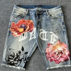 Embellish Shorts Mens 36 Blue Denim Rose Graphic Distressed Bermuda 12 Inseam